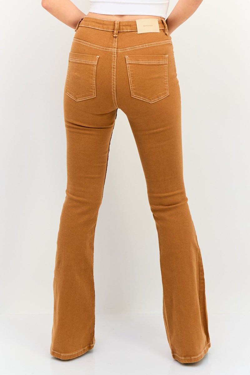 Bershka Women High Rise Solid Flared Jeans, Tan - Image 3
