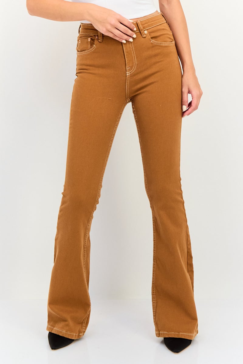 Bershka Women High Rise Solid Flared Jeans, Tan - Image 1