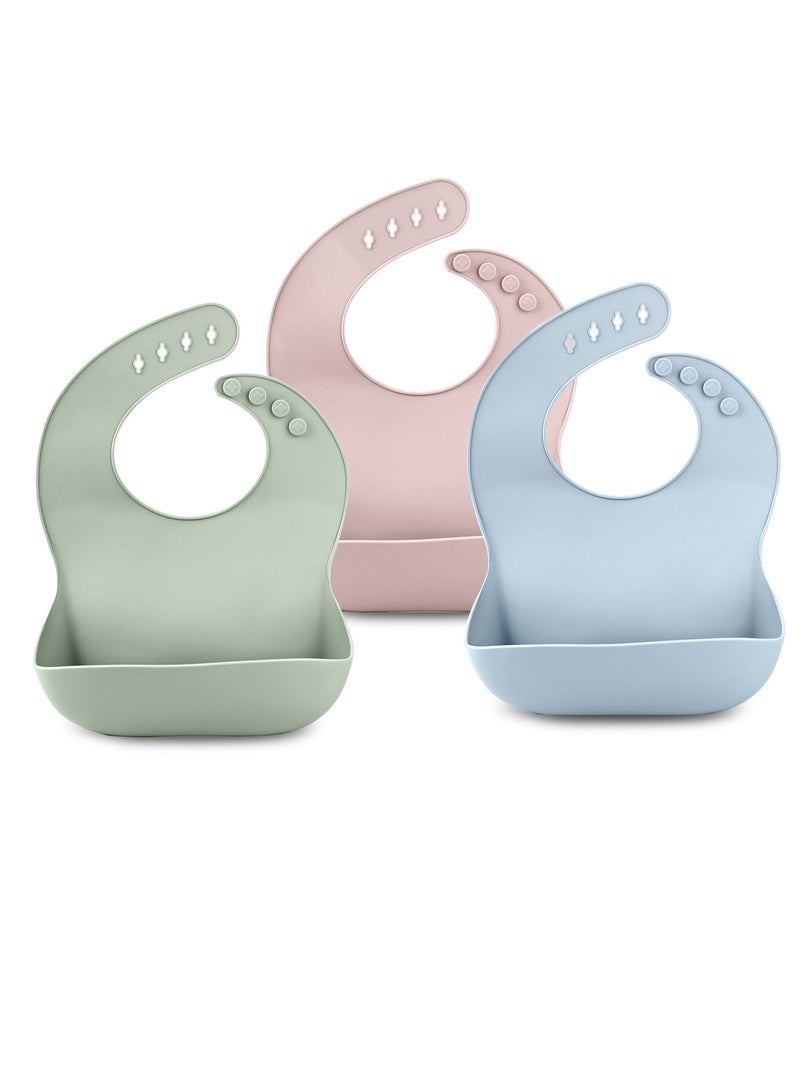 3 حزم من مريلة الأطفال المصنوعة من السيليكون قابلة للتعديل ومقاومة للماء مع حاجز كبير لالتقاط الطعام - Image 1