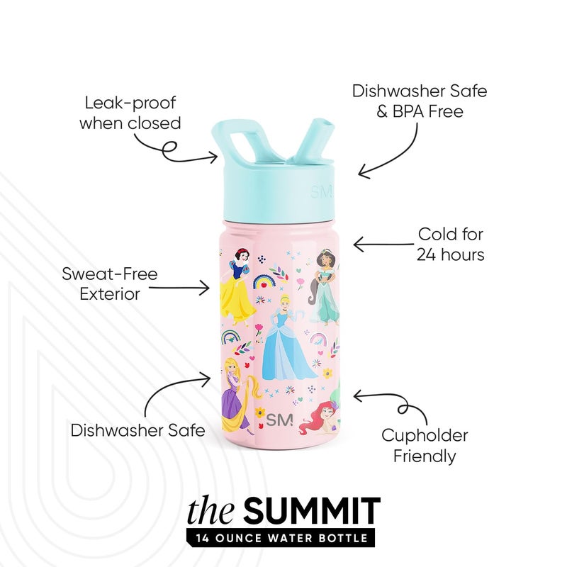 Simple Modern Kids Summit Water Bottle with Straw Lid | Disney Princess 14oz Stainless Steel Cup Insulated Tumbler for Girls, School | Princess Rainbows - Image 2