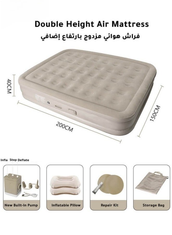 شو وو مرتبة هوائية مزدوجة الارتفاع قابلة للنفخ مع مضخة مدمجة، مرتبة هوائية محمولة مع نفخ/تفريغ تلقائي سريع بلمسة واحدة، مناسبة للمنزل أو السفر والتخييم في الهواء الطلق، 200*150*40 سم - Image 1