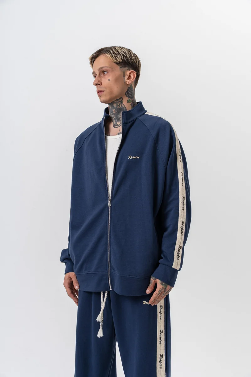 RESPIRE Men's Respire Striped Stand Collar Doubleface Zip Oversize Sweatshirt Navy Blue