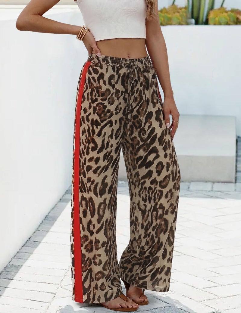 Rapbin Leopard Pants Women Baggy Wide Leg Elastic Waisted Trendy Y2K Straight Pants with Pockets (Leopard 3-M) - Image 4