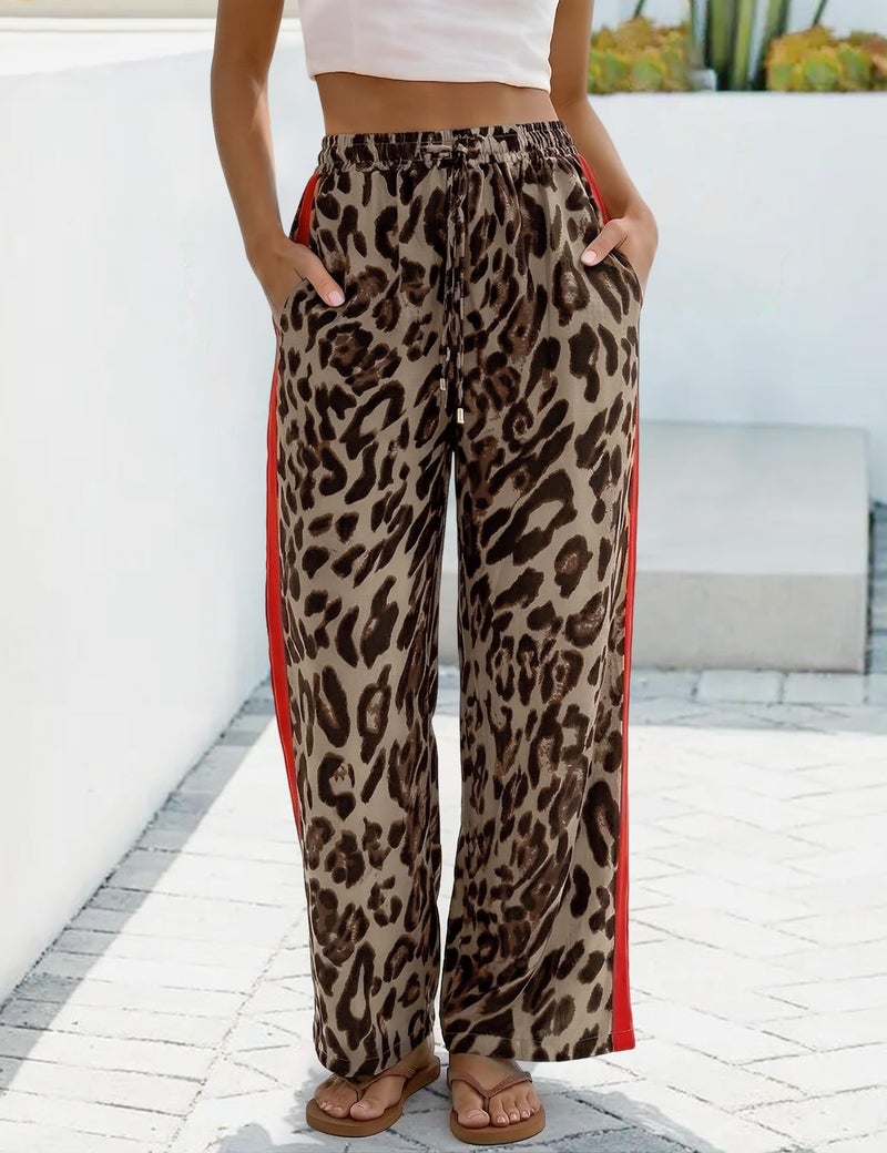 Rapbin Leopard Pants Women Baggy Wide Leg Elastic Waisted Trendy Y2K Straight Pants with Pockets (Leopard 3-M) - Image 3