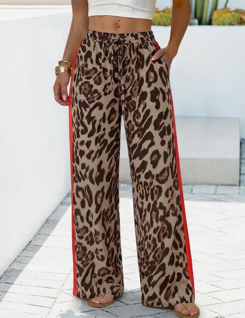 Rapbin Leopard Pants Women Baggy Wide Leg Elastic Waisted Trendy Y2K Straight Pants with Pockets (Leopard 3-M) - Image 2