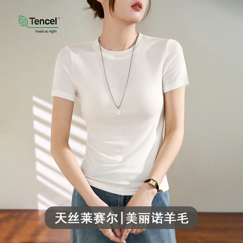 Wool Tencel Lyocell Fitted Round Neck Womens Tee for Summer White short sleeves (slightly translucent) 