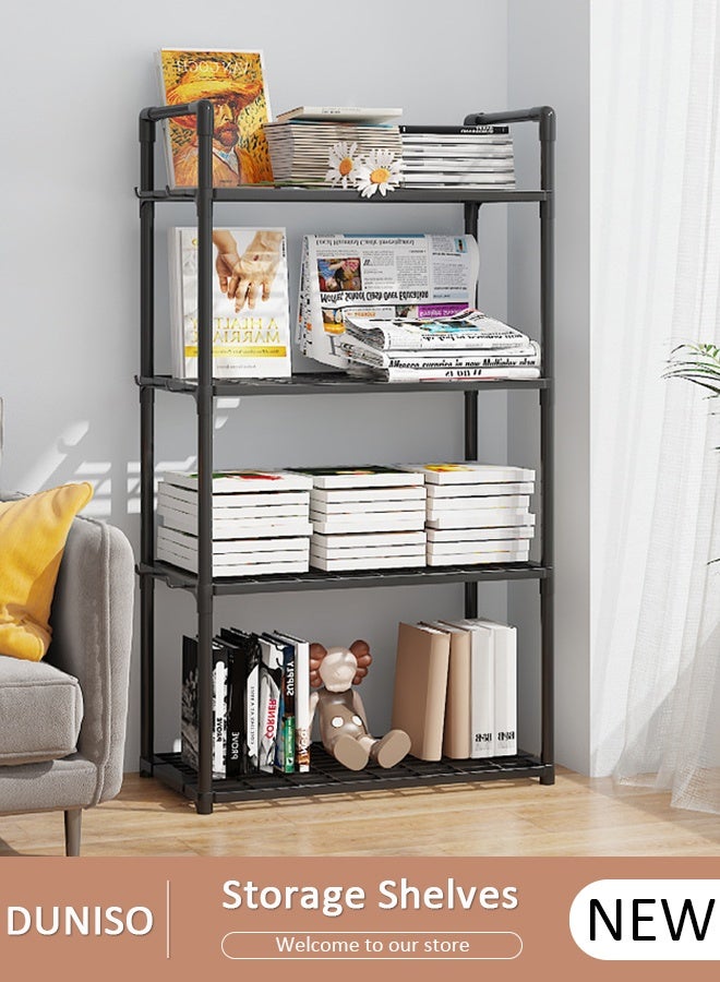DUNISO رف تخزين مطبخ من 4 طبقات، رفوف مع خطافات جانبية، رفوف تنظيم التخزين للأجهزة، وحدة رفوف متعددة الوظائف للمطبخ، الخزانة، الحمام، وغسيل الملابس - Image 1