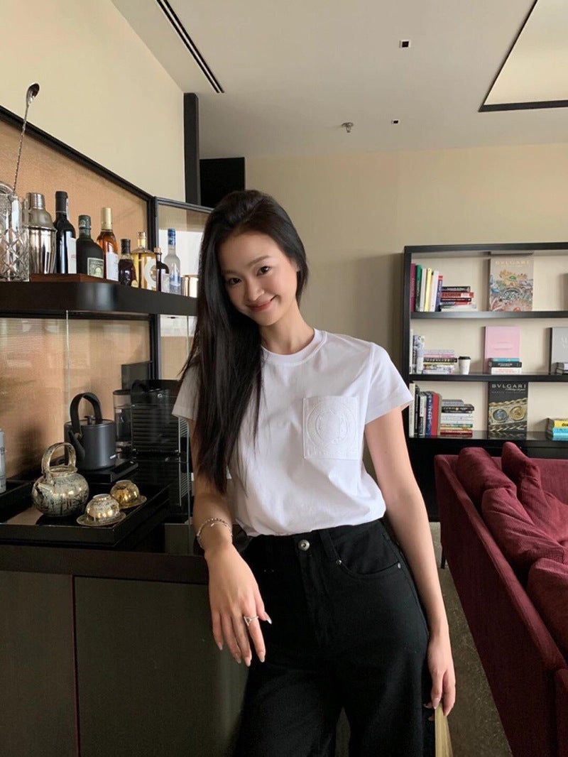 Original Development! Shenzhen Nanyou Pocket Embroidery Slim Basic Temperament Base Short Sleeve Old Money Style Fitted Version - Image 4