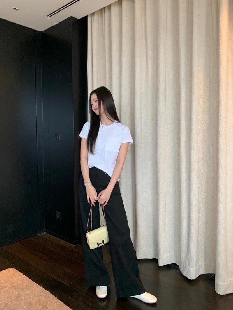 Original Development! Shenzhen Nanyou Pocket Embroidery Slim Basic Temperament Base Short Sleeve Old Money Style Fitted Version - Image 3