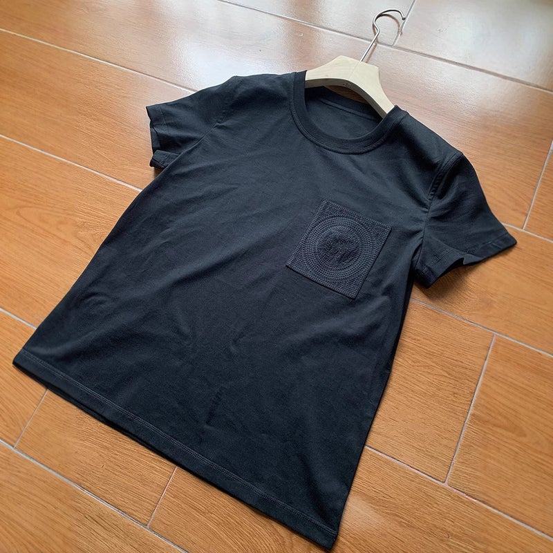 Original Development! Shenzhen Nanyou Pocket Embroidery Slim Basic Temperament Base Short Sleeve Old Money Style Fitted Version - Image 1
