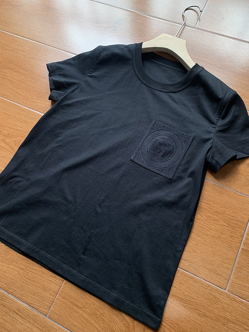 Original Development! Shenzhen Nanyou Pocket Embroidery Slim Basic Temperament Base Short Sleeve Old Money Style Fitted Version - Image 5