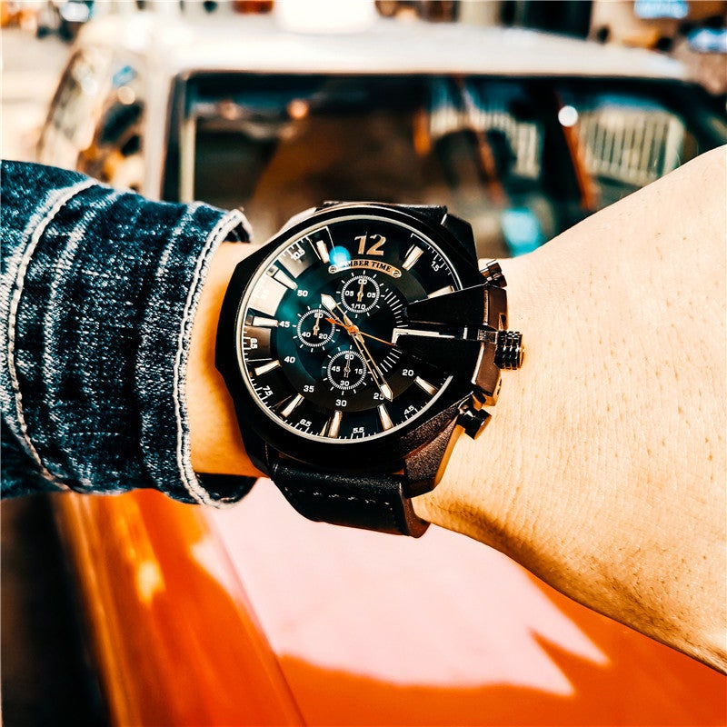 Amber Quartz Watch Blue Lens Waterproof Calendar Automatic Mens Business WristwatchBlack Belt Black Shell Black Face Black Belt Black Shell Black Face