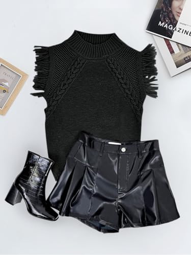 Saodimallsu Womens Mock Neck Sleeveless Sweater Vest Cable Knit Fringe Cap Sleeve Boho Trendy Pullover Tank Tops Black - Image 5