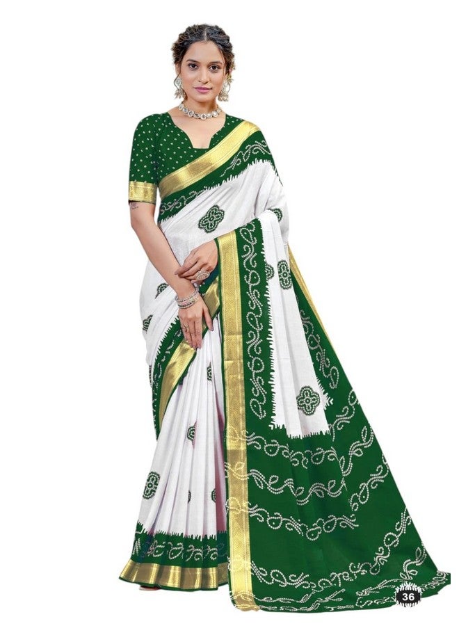 RADHA LAKSHMI ساري رادها لاكشمي من القطن الناعم الخالص بتصميم بندهاني مع طباعة بلوك وحدود زري ثقيلة للنساء مع قطعة بلوزة (أخضر) - Image 1