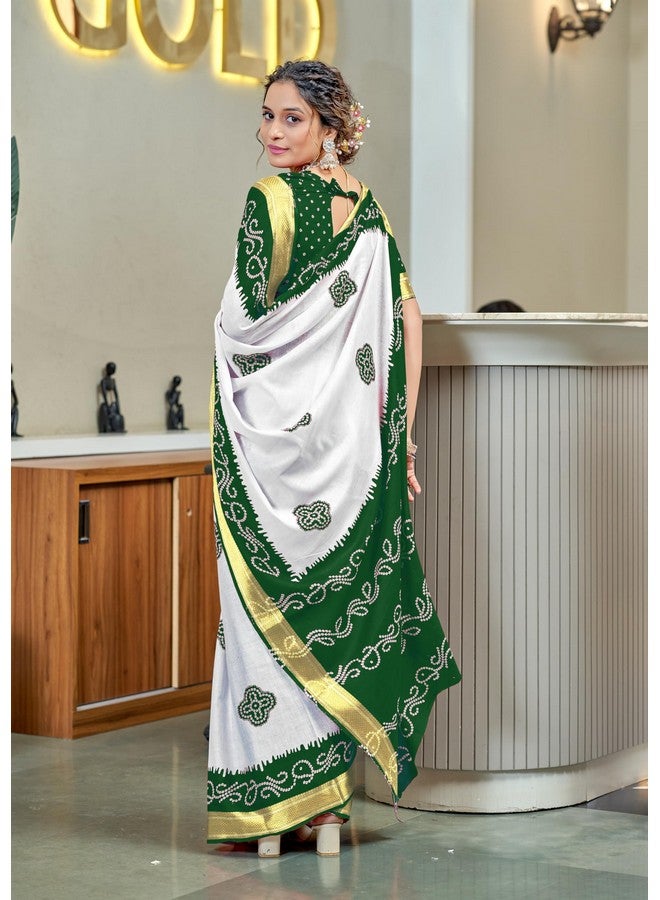 RADHA LAKSHMI ساري رادها لاكشمي من القطن الناعم الخالص بتصميم بندهاني مع طباعة بلوك وحدود زري ثقيلة للنساء مع قطعة بلوزة (أخضر) - Image 3