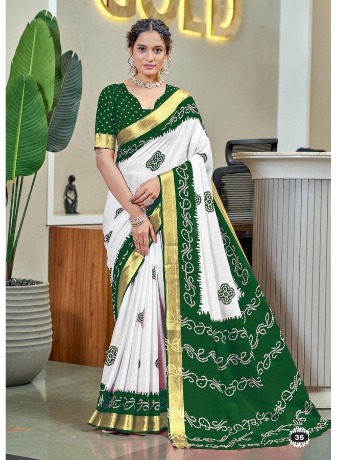 RADHA LAKSHMI ساري رادها لاكشمي من القطن الناعم الخالص بتصميم بندهاني مع طباعة بلوك وحدود زري ثقيلة للنساء مع قطعة بلوزة (أخضر) - Image 2