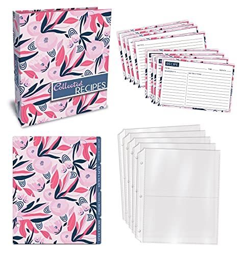 Better Kitchen Products Recipe Binder, 8.5" x 9.5" 3 Ring Binder Organizer Set (with 50 Page Protectors, 100 4" x 6" Recipe Cards & 12 Category Divider Tabs) Floral Design - Image 2
