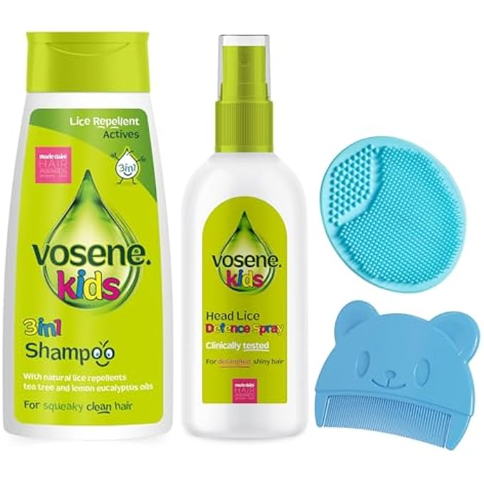 VOSENE KIDS 3-IN-1 LICE REPELLENT SHAMPOO, CONDITIONING DEFENCE SPRAY, SILICONE BABY BRUSH & COMB BUNDLE - NIT TREATMENT FOR KIDS, HEAD LICE REPELLENT SPRAY, IDEAL FOR LICE PREVENTION & SENSITIVE SKIN - Image 1