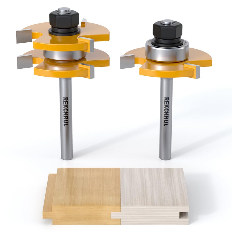 REKCKRUL 2 PCS Professional Tongue and Groove Router Bit Set, 1/4 Inch Shank, 3 Teeth Adjustable T-Shape Wood Milling Cutter for Cabinets, Flooring, and Woodworking - Image 1