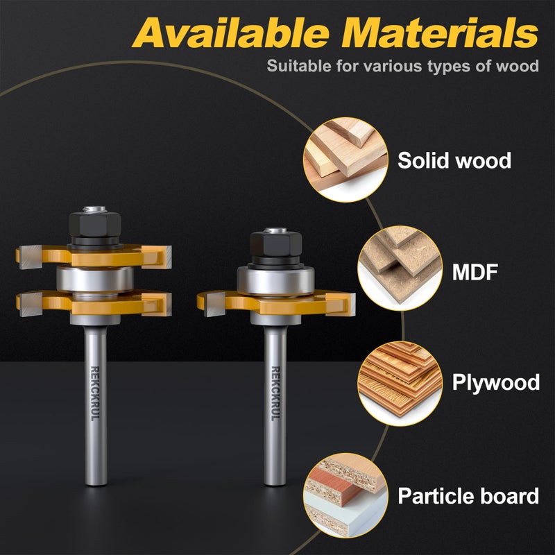 REKCKRUL 2 PCS Professional Tongue and Groove Router Bit Set, 1/4 Inch Shank, 3 Teeth Adjustable T-Shape Wood Milling Cutter for Cabinets, Flooring, and Woodworking - Image 4