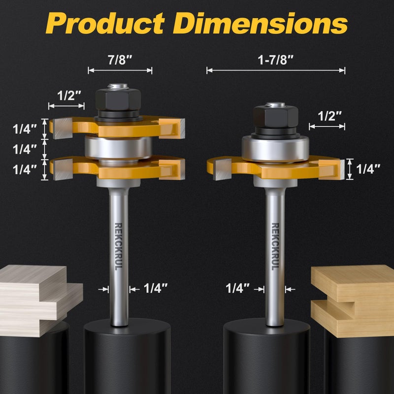 REKCKRUL 2 PCS Professional Tongue and Groove Router Bit Set, 1/4 Inch Shank, 3 Teeth Adjustable T-Shape Wood Milling Cutter for Cabinets, Flooring, and Woodworking - Image 2
