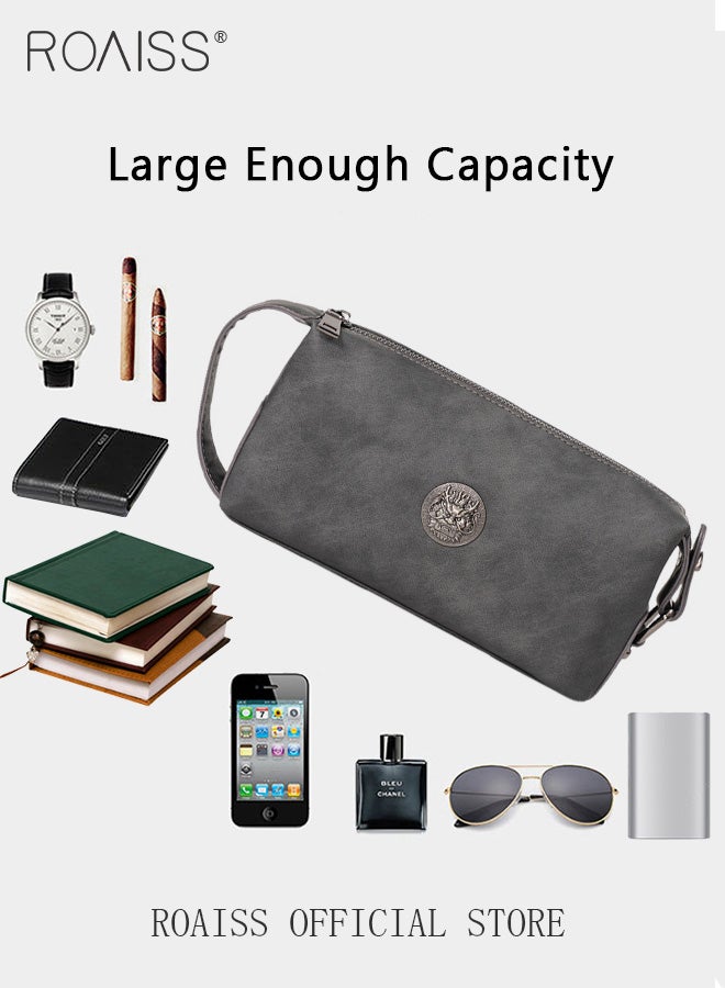 رويس حقيبة يد رجالية أنيقة بتصميم كلاسيكي، مصنوعة من جلد البولي يوريثان، حقيبة يد أفقية عملية للتنقل، سعة كبيرة، مزودة بمقبض حمل، لون رمادي، مزودة بسحاب. - Image 3