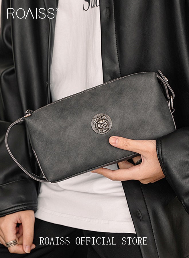 رويس حقيبة يد رجالية أنيقة بتصميم كلاسيكي، مصنوعة من جلد البولي يوريثان، حقيبة يد أفقية عملية للتنقل، سعة كبيرة، مزودة بمقبض حمل، لون رمادي، مزودة بسحاب. - Image 1