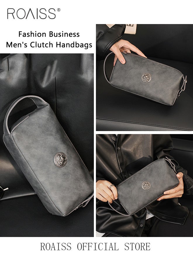 رويس حقيبة يد رجالية أنيقة بتصميم كلاسيكي، مصنوعة من جلد البولي يوريثان، حقيبة يد أفقية عملية للتنقل، سعة كبيرة، مزودة بمقبض حمل، لون رمادي، مزودة بسحاب. - Image 4