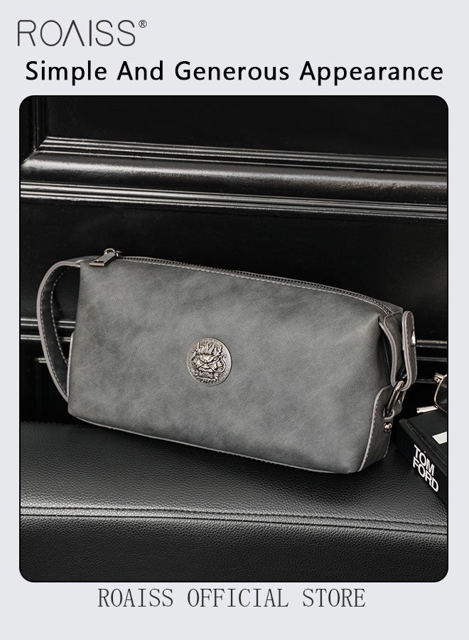 رويس حقيبة يد رجالية أنيقة بتصميم كلاسيكي، مصنوعة من جلد البولي يوريثان، حقيبة يد أفقية عملية للتنقل، سعة كبيرة، مزودة بمقبض حمل، لون رمادي، مزودة بسحاب. - Image 2