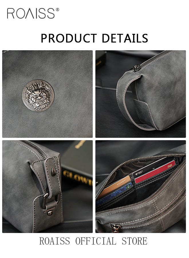 رويس حقيبة يد رجالية أنيقة بتصميم كلاسيكي، مصنوعة من جلد البولي يوريثان، حقيبة يد أفقية عملية للتنقل، سعة كبيرة، مزودة بمقبض حمل، لون رمادي، مزودة بسحاب. - Image 5