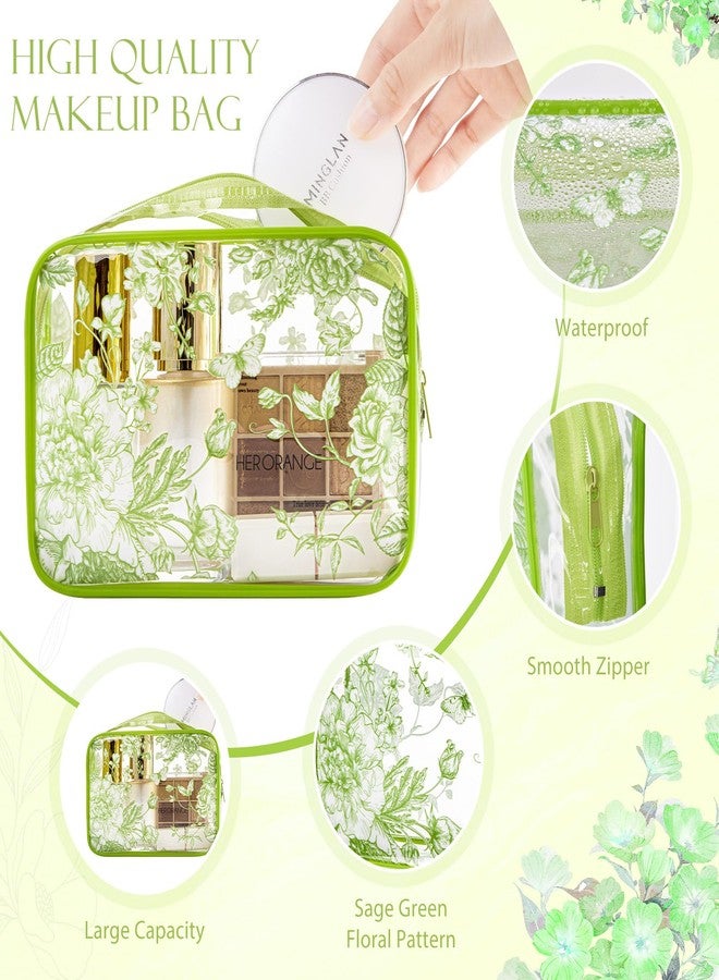 SilTriangle Set of 10 Clear Floral Cosmetic Bags PVC Makeup Bags Waterproof Travel Organizer Toiletry Pouches for Wedding Birthday Baby Shower Party Ideal Gift for Women Nurse Bridesmaid(Sage Green) - Image 3