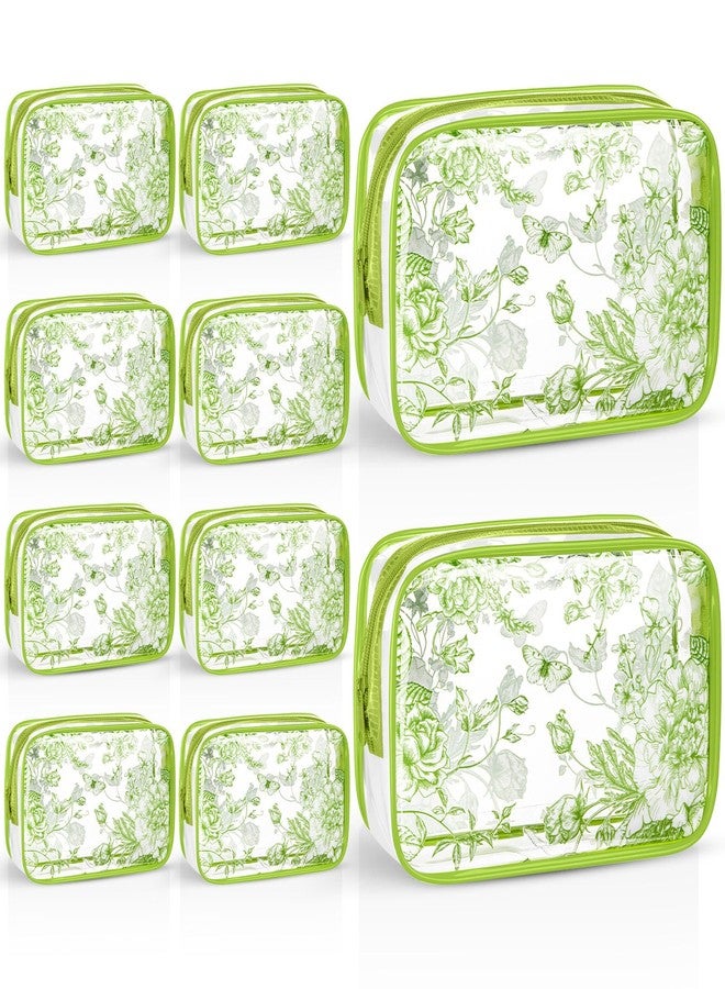 SilTriangle Set of 10 Clear Floral Cosmetic Bags PVC Makeup Bags Waterproof Travel Organizer Toiletry Pouches for Wedding Birthday Baby Shower Party Ideal Gift for Women Nurse Bridesmaid(Sage Green) - Image 1