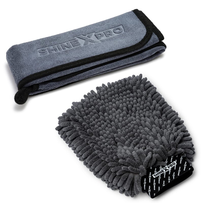 shinexpro Microfiber Car Cleaning Cloth and Wash Mitt Kit - Includes OG Soft 500 GSM Extra Large (35x75 CM) Microfiber Cloth for Car and Dual Sided Chenille Microfiber Wash Mitt - Image 1