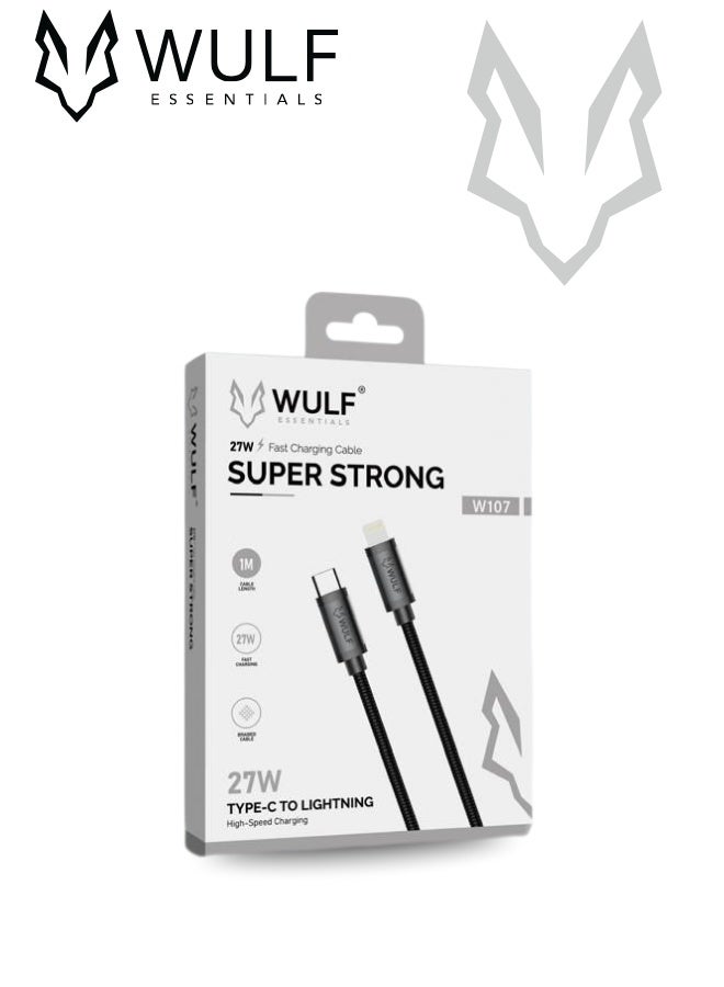 وولف إسينشيالز WULF W107 | كابل شحن فائق القوة من Type-C إلى Lightning، بقوة 27 واط - بطول متر واحد، مع مزامنة بيانات عالية السرعة، وتصميم مضفر فاخر - Image 3