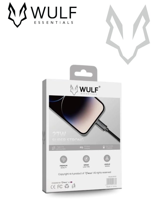 وولف إسينشيالز WULF W107 | كابل شحن فائق القوة من Type-C إلى Lightning، بقوة 27 واط - بطول متر واحد، مع مزامنة بيانات عالية السرعة، وتصميم مضفر فاخر - Image 2