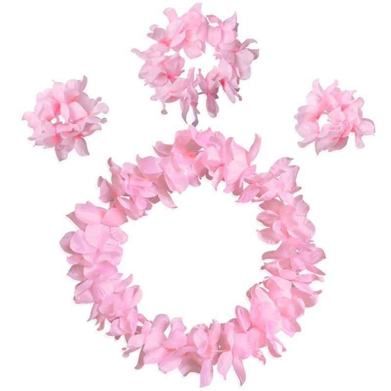 CBLUO Hawaiian Leis Flower Headband Wristbands Tropical Hawaii Luau Necklace Bracelets Hair Hoops Wreath Women Headpiece Hair Bands Cosplay Costume Summer Beach Vacation Pool Party Decoration Pink