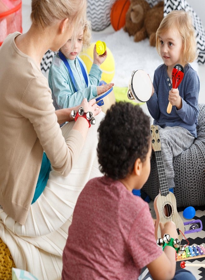 Flahard 40 Pcs Musical Instruments Sets Included Wood Guitar Xylophone 2 Tambourine 6 Hand Bell 6 Wood Sounder 6 Castanets 6 Maracas 6 Rattles 6 laps for Preschool Educational Music Learning - Image 4