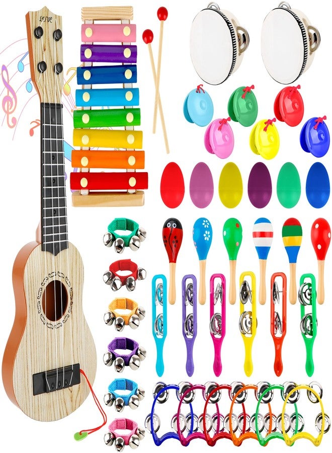 Flahard 40 Pcs Musical Instruments Sets Included Wood Guitar Xylophone 2 Tambourine 6 Hand Bell 6 Wood Sounder 6 Castanets 6 Maracas 6 Rattles 6 laps for Preschool Educational Music Learning - Image 1