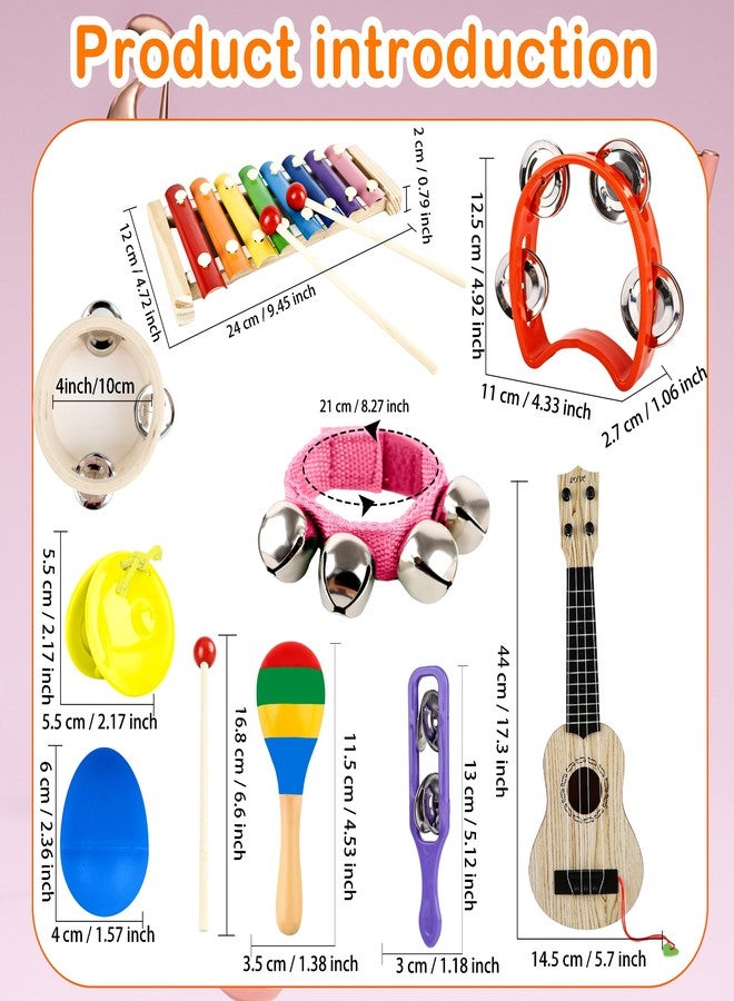 Flahard 40 Pcs Musical Instruments Sets Included Wood Guitar Xylophone 2 Tambourine 6 Hand Bell 6 Wood Sounder 6 Castanets 6 Maracas 6 Rattles 6 laps for Preschool Educational Music Learning - Image 2