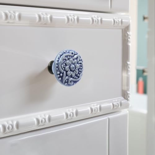 Geesatis 4 Pcs Ceramic Cabinet Kitchen Knobs Handles Vintage Round Single Hole Knobs for Drawer Cupboard Closet, with Mounting Screws, Blue - Image 4