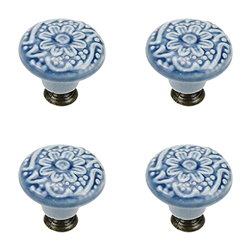 Geesatis 4 Pcs Ceramic Cabinet Kitchen Knobs Handles Vintage Round Single Hole Knobs for Drawer Cupboard Closet, with Mounting Screws, Blue - Image 1