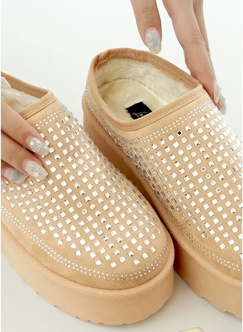 London Rag Beige Rhinestones Embellished Platform Classic Slip-On