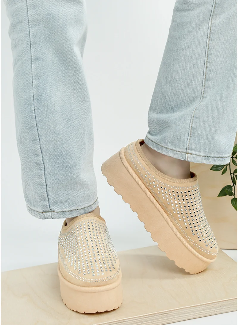 London Rag Beige Rhinestones Embellished Platform Classic Slip-On