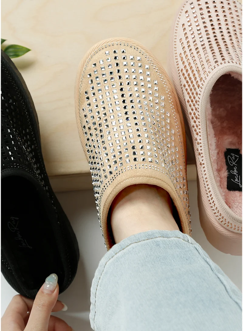 London Rag Beige Rhinestones Embellished Platform Classic Slip-On