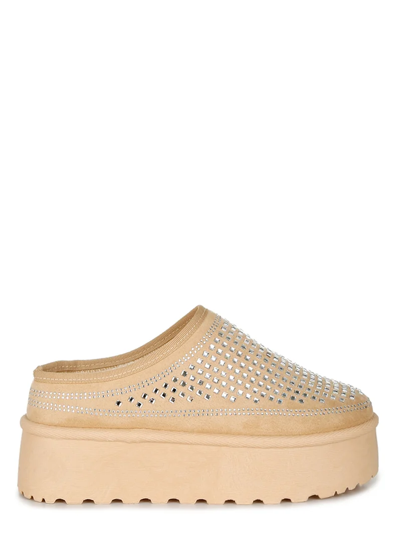 London Rag Beige Rhinestones Embellished Platform Classic Slip-On