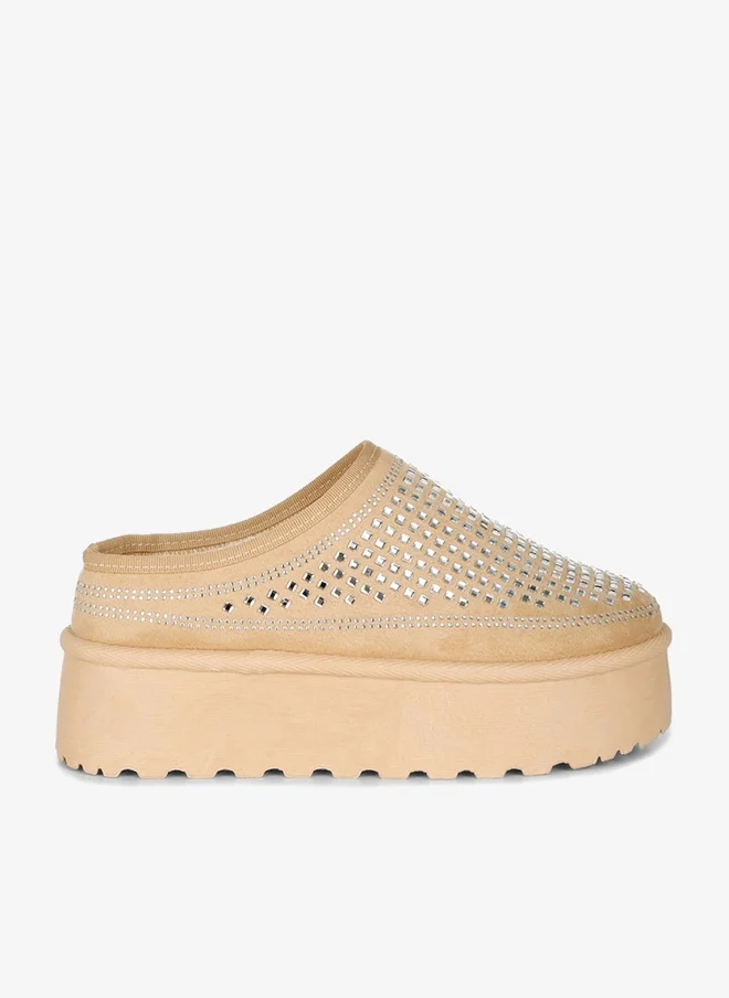 Beige Rhinestones Embellished Platform Classic Slip-On
