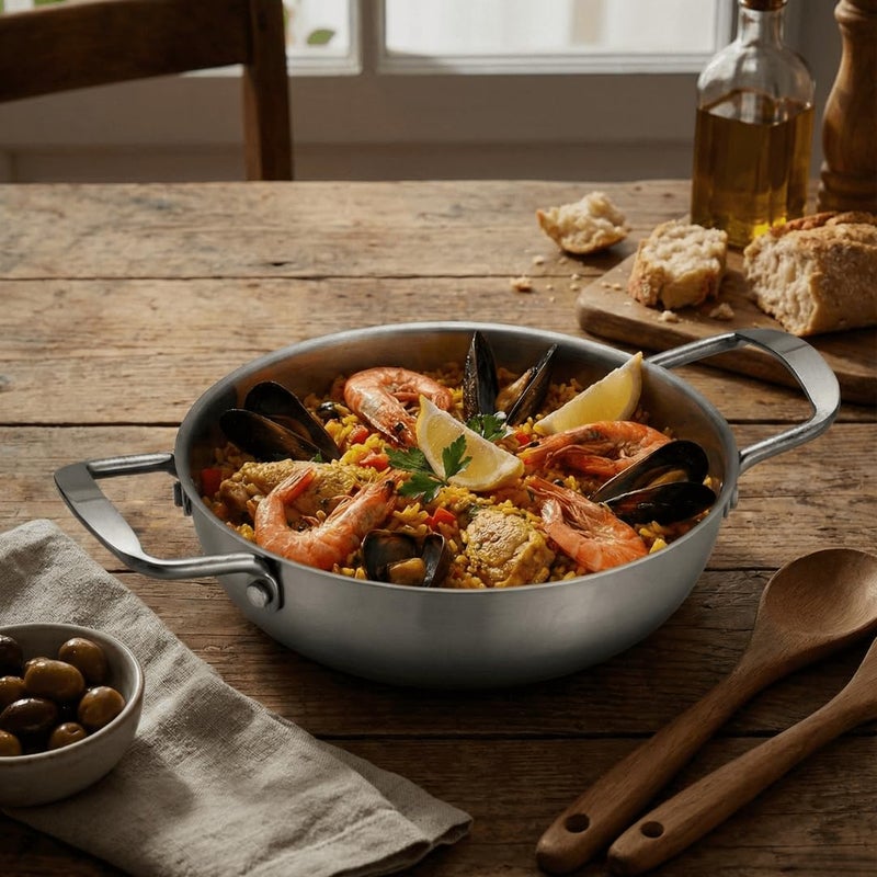 23 cm Stainless Steel Serving Wok and Paella Plate, Heat-Resistant Food Serving Pan, Round Presentation Dish for Rice, Noodles, Stir Fry, Curry and Appetizers - Silver - Image 1