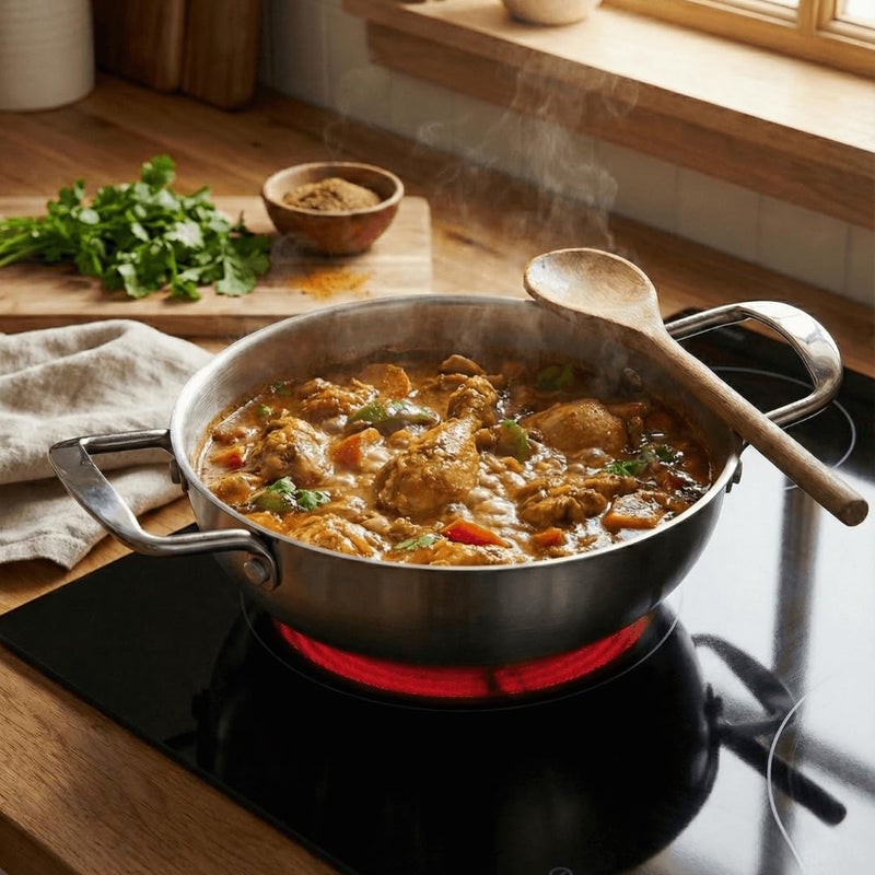 23 cm Stainless Steel Serving Wok and Paella Plate, Heat-Resistant Food Serving Pan, Round Presentation Dish for Rice, Noodles, Stir Fry, Curry and Appetizers - Silver - Image 2