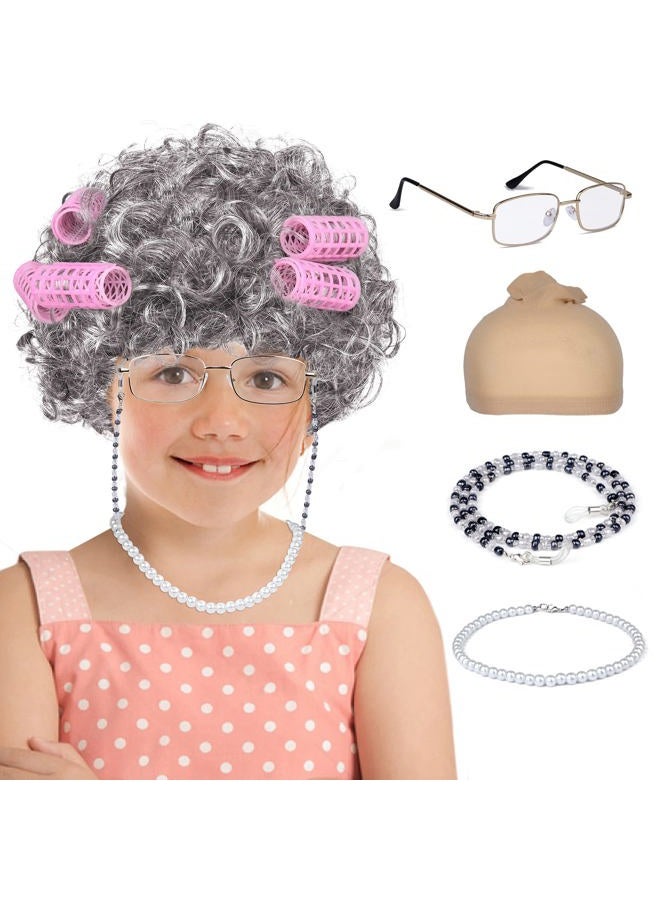 FAYBOX Old Lady Wig, Granny Cosplay Wig with Hair Rollers for Halloween Costume Dress Up Party - Image 1