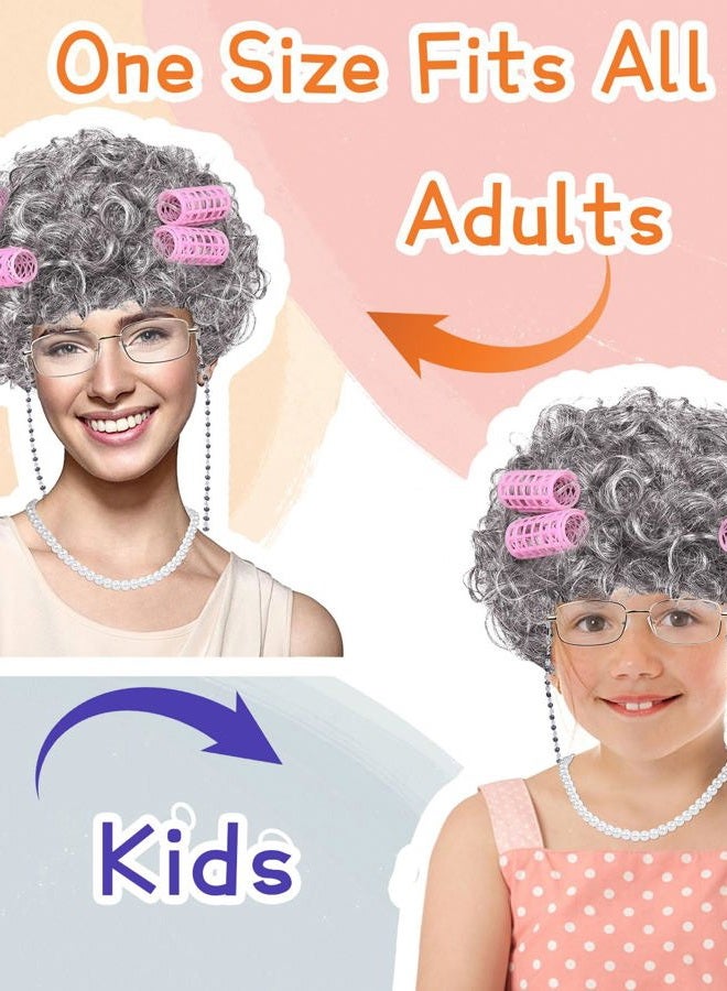 FAYBOX Old Lady Wig, Granny Cosplay Wig with Hair Rollers for Halloween Costume Dress Up Party - Image 3